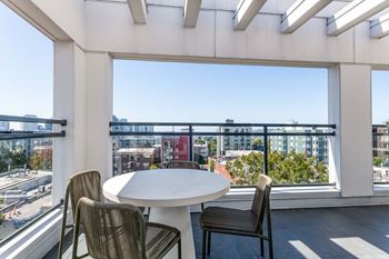 Rooftop terrace with round table and city views